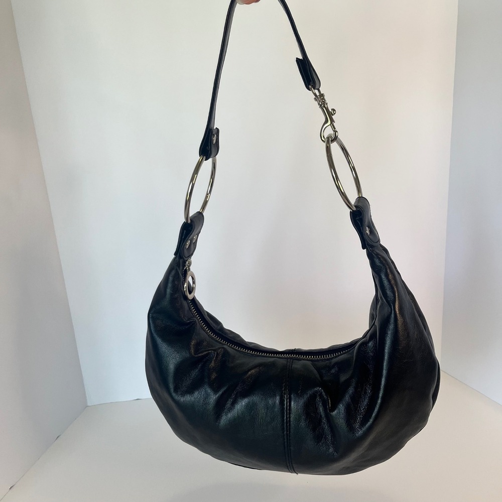Fashion Express Black Faux Leather Crescent Hobo Bag Silver Ring Hardware
